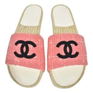 Chanel 20A Pink Tweed Black CC Logo Espadrille Slide Slip On Sandal Mule Flat 40